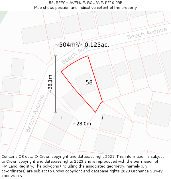 58, BEECH AVENUE, BOURNE, PE10 9RR: Plot and title map