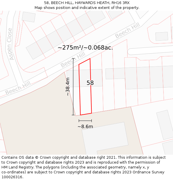 58, BEECH HILL, HAYWARDS HEATH, RH16 3RX: Plot and title map