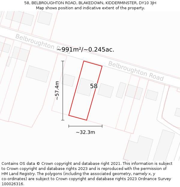 58, BELBROUGHTON ROAD, BLAKEDOWN, KIDDERMINSTER, DY10 3JH: Plot and title map