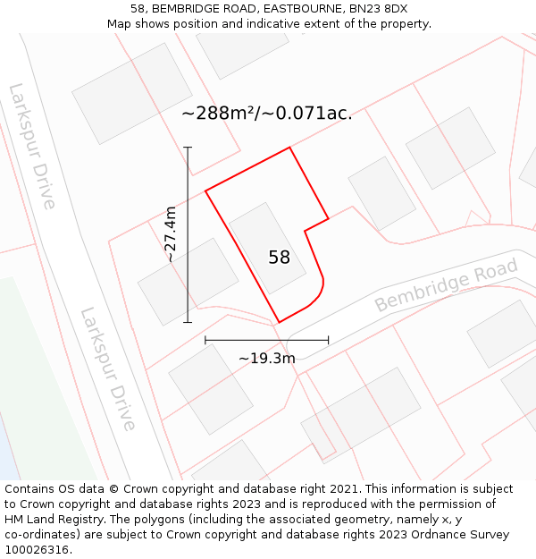 58, BEMBRIDGE ROAD, EASTBOURNE, BN23 8DX: Plot and title map