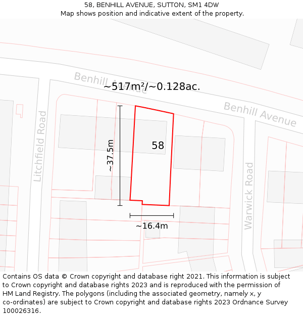 58, BENHILL AVENUE, SUTTON, SM1 4DW: Plot and title map