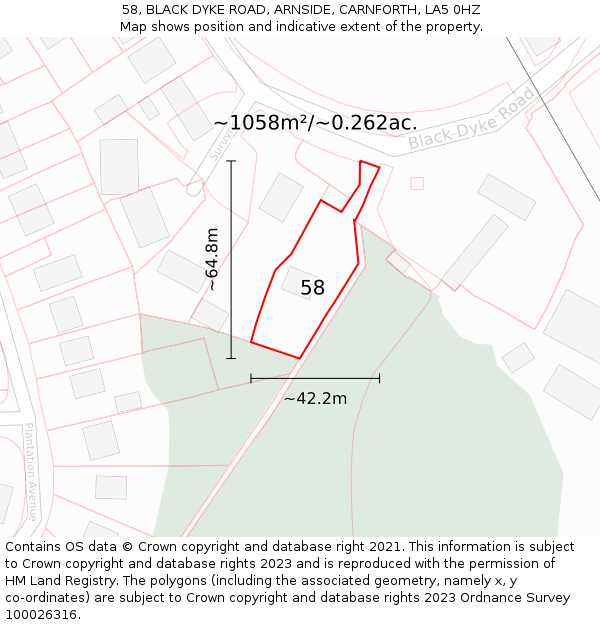 58, BLACK DYKE ROAD, ARNSIDE, CARNFORTH, LA5 0HZ: Plot and title map