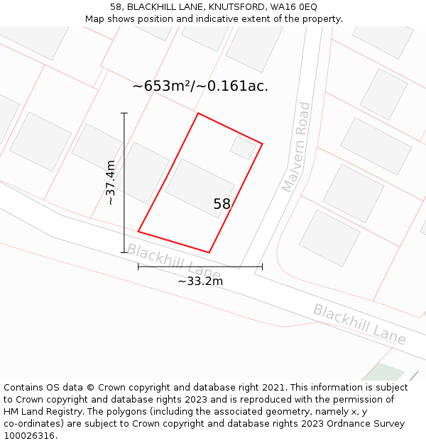 58, BLACKHILL LANE, KNUTSFORD, WA16 0EQ: Plot and title map