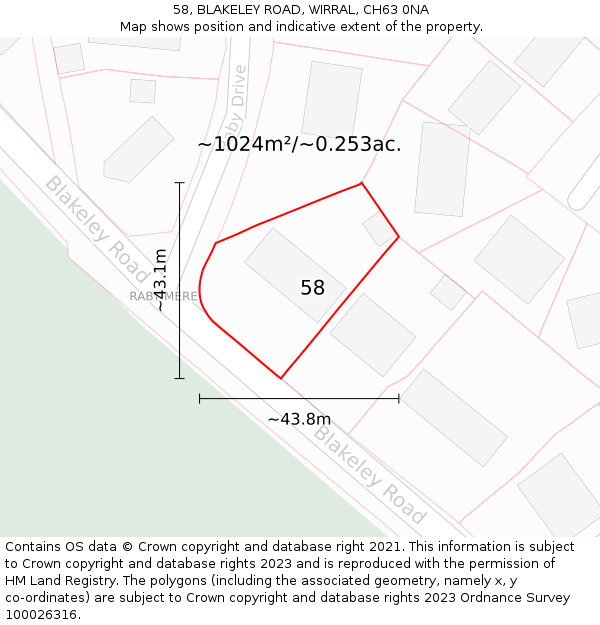 58, BLAKELEY ROAD, WIRRAL, CH63 0NA: Plot and title map