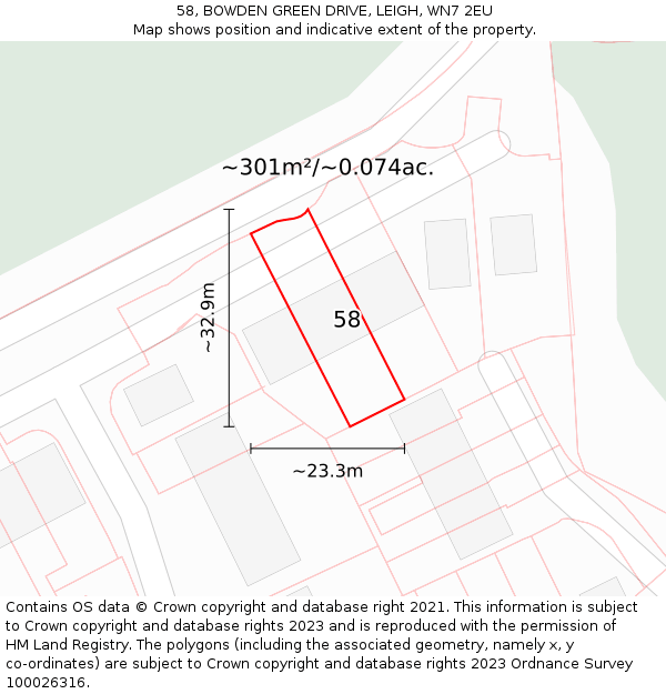 58, BOWDEN GREEN DRIVE, LEIGH, WN7 2EU: Plot and title map