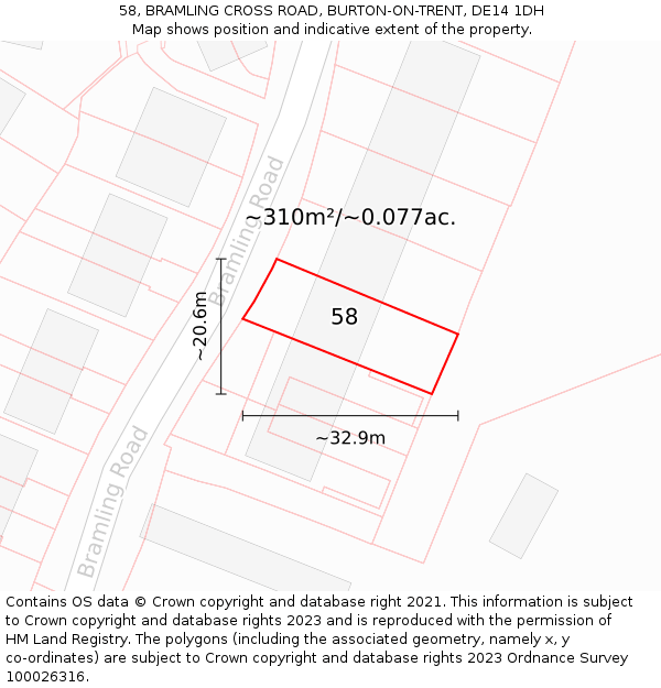 58, BRAMLING CROSS ROAD, BURTON-ON-TRENT, DE14 1DH: Plot and title map