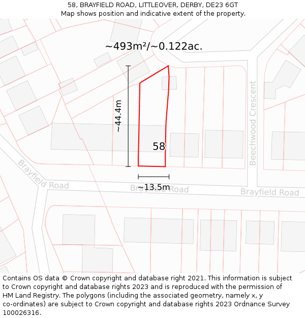 58, BRAYFIELD ROAD, LITTLEOVER, DERBY, DE23 6GT: Plot and title map