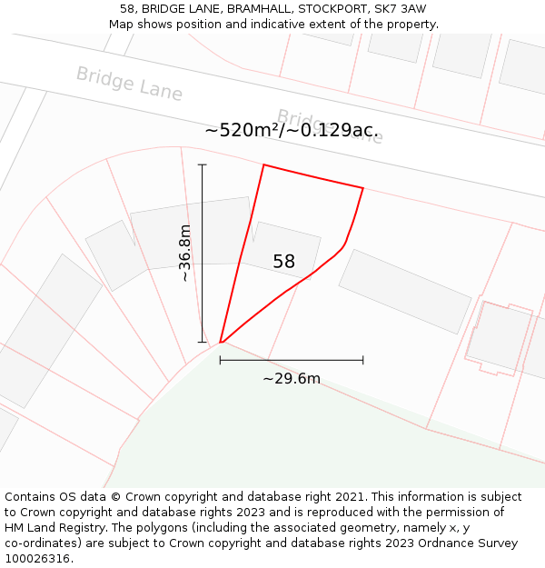 58, BRIDGE LANE, BRAMHALL, STOCKPORT, SK7 3AW: Plot and title map