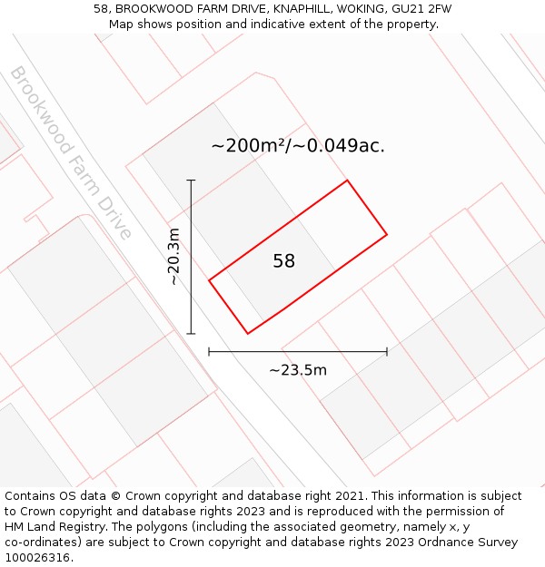 58, BROOKWOOD FARM DRIVE, KNAPHILL, WOKING, GU21 2FW: Plot and title map