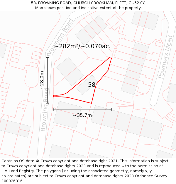 58, BROWNING ROAD, CHURCH CROOKHAM, FLEET, GU52 0YJ: Plot and title map