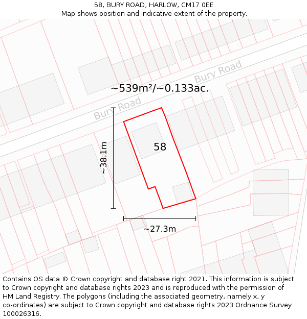 58, BURY ROAD, HARLOW, CM17 0EE: Plot and title map