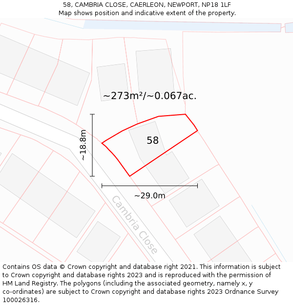 58, CAMBRIA CLOSE, CAERLEON, NEWPORT, NP18 1LF: Plot and title map