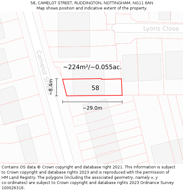 58, CAMELOT STREET, RUDDINGTON, NOTTINGHAM, NG11 6AN: Plot and title map