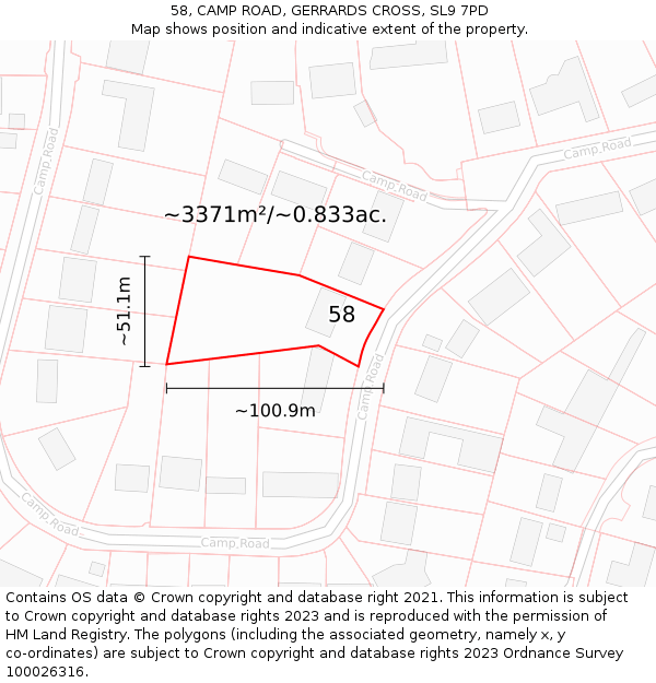 58, CAMP ROAD, GERRARDS CROSS, SL9 7PD: Plot and title map