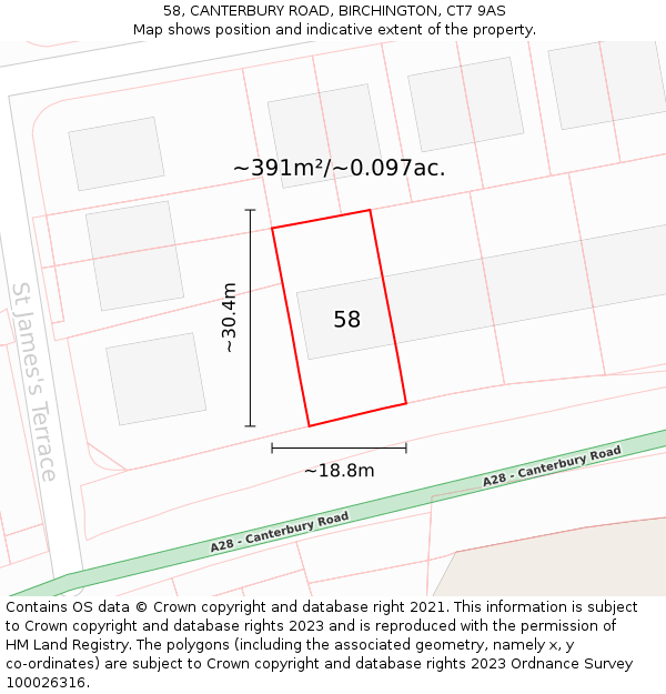 58, CANTERBURY ROAD, BIRCHINGTON, CT7 9AS: Plot and title map