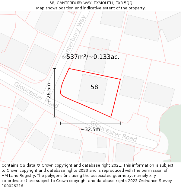 58, CANTERBURY WAY, EXMOUTH, EX8 5QQ: Plot and title map