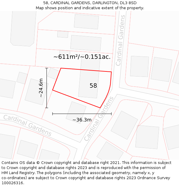 58, CARDINAL GARDENS, DARLINGTON, DL3 8SD: Plot and title map