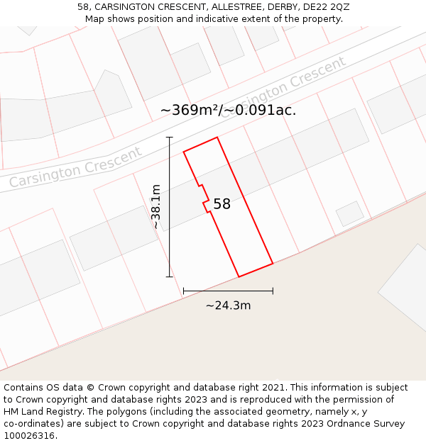 58, CARSINGTON CRESCENT, ALLESTREE, DERBY, DE22 2QZ: Plot and title map