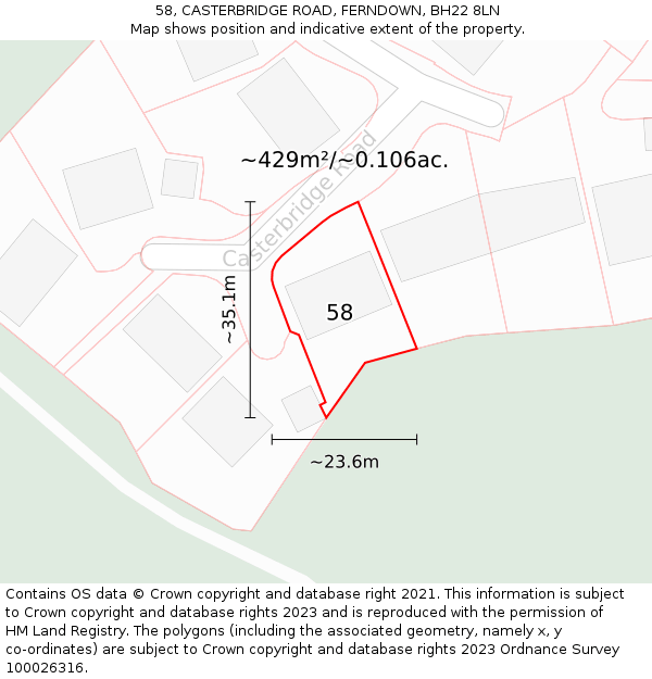 58, CASTERBRIDGE ROAD, FERNDOWN, BH22 8LN: Plot and title map