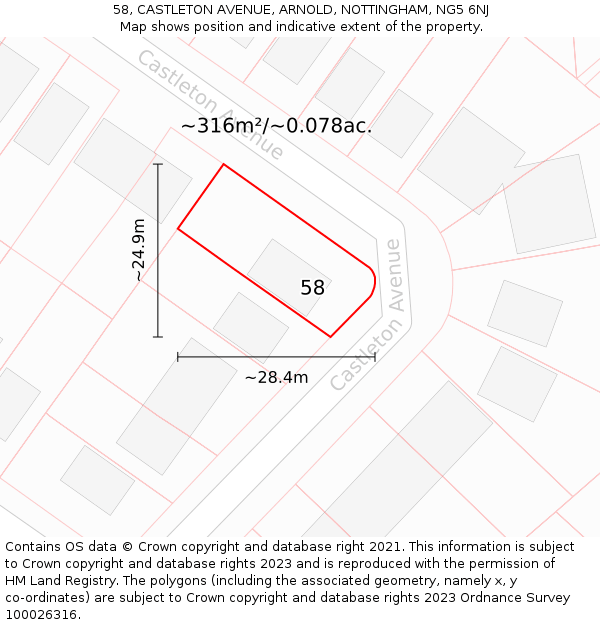 58, CASTLETON AVENUE, ARNOLD, NOTTINGHAM, NG5 6NJ: Plot and title map