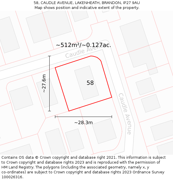 58, CAUDLE AVENUE, LAKENHEATH, BRANDON, IP27 9AU: Plot and title map