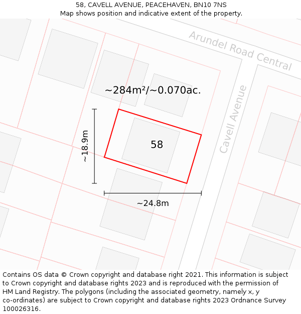 58, CAVELL AVENUE, PEACEHAVEN, BN10 7NS: Plot and title map