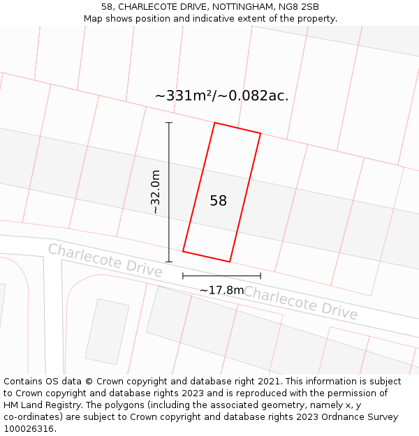 58, CHARLECOTE DRIVE, NOTTINGHAM, NG8 2SB: Plot and title map