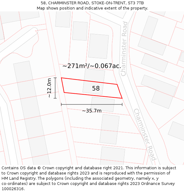 58, CHARMINSTER ROAD, STOKE-ON-TRENT, ST3 7TB: Plot and title map