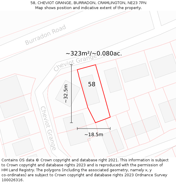 58, CHEVIOT GRANGE, BURRADON, CRAMLINGTON, NE23 7PN: Plot and title map