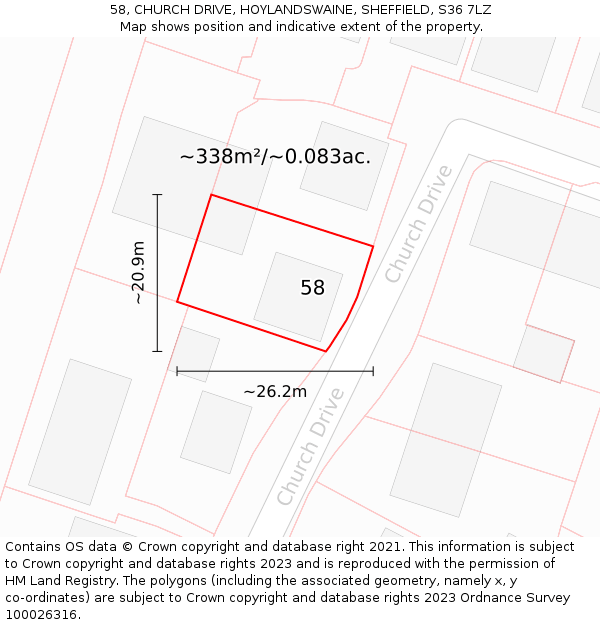 58, CHURCH DRIVE, HOYLANDSWAINE, SHEFFIELD, S36 7LZ: Plot and title map