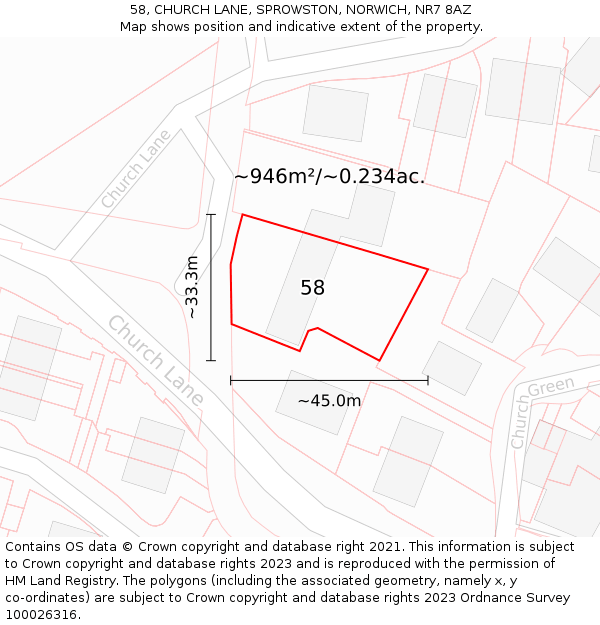 58, CHURCH LANE, SPROWSTON, NORWICH, NR7 8AZ: Plot and title map