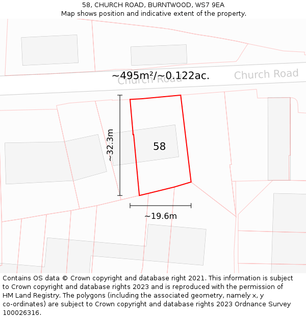 58, CHURCH ROAD, BURNTWOOD, WS7 9EA: Plot and title map