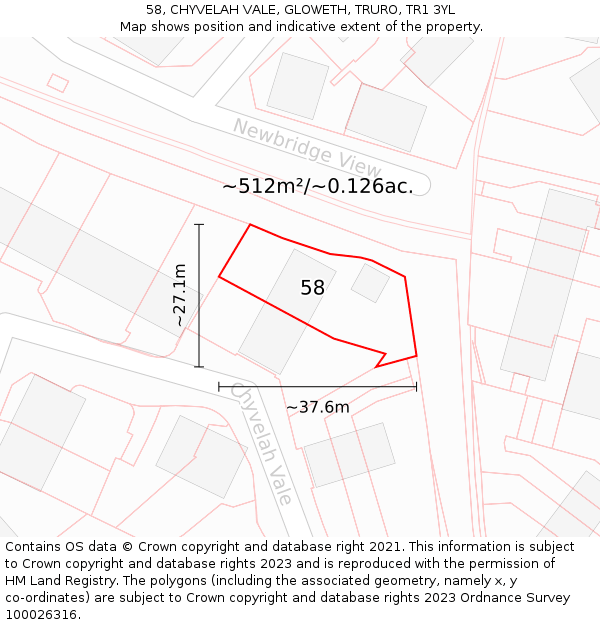 58, CHYVELAH VALE, GLOWETH, TRURO, TR1 3YL: Plot and title map