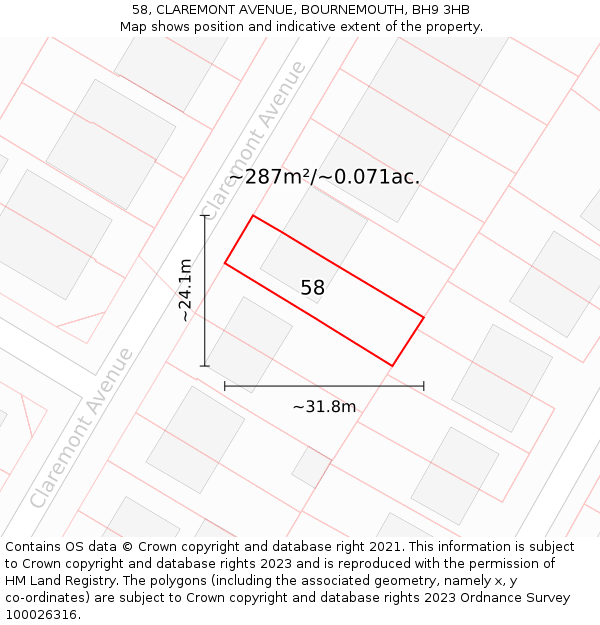 58, CLAREMONT AVENUE, BOURNEMOUTH, BH9 3HB: Plot and title map