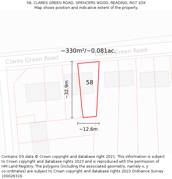 58, CLARES GREEN ROAD, SPENCERS WOOD, READING, RG7 1DX: Plot and title map