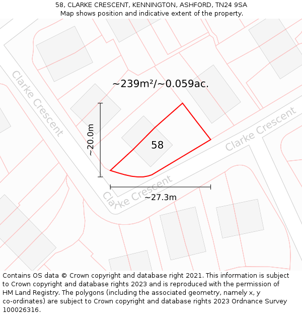 58, CLARKE CRESCENT, KENNINGTON, ASHFORD, TN24 9SA: Plot and title map