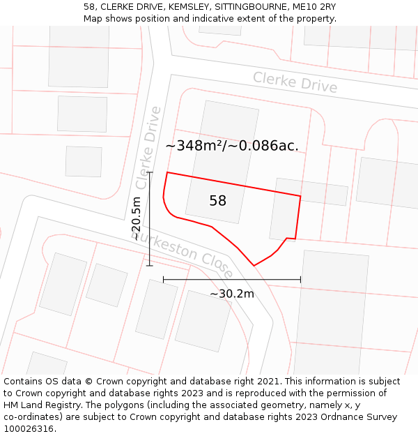 58, CLERKE DRIVE, KEMSLEY, SITTINGBOURNE, ME10 2RY: Plot and title map