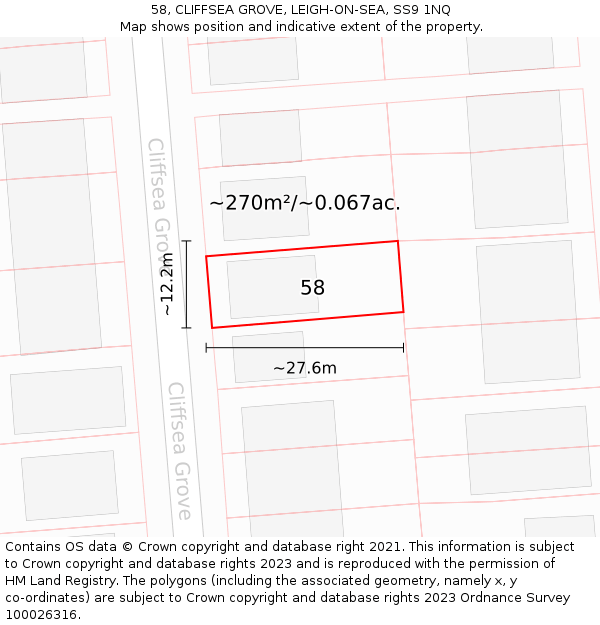 58, CLIFFSEA GROVE, LEIGH-ON-SEA, SS9 1NQ: Plot and title map