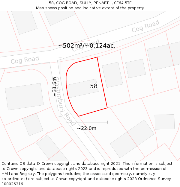 58, COG ROAD, SULLY, PENARTH, CF64 5TE: Plot and title map