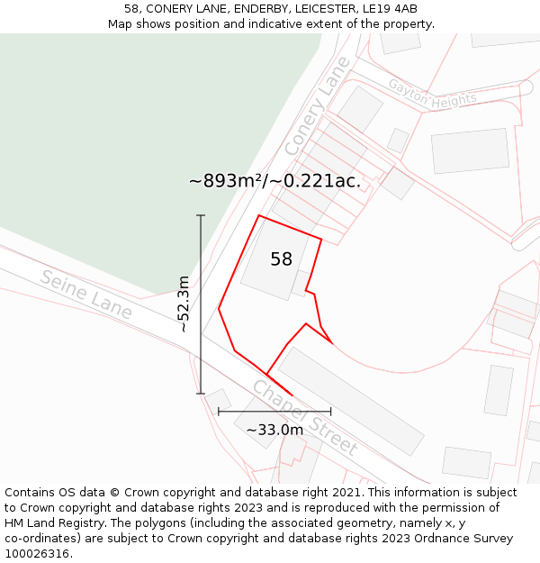 58, CONERY LANE, ENDERBY, LEICESTER, LE19 4AB: Plot and title map