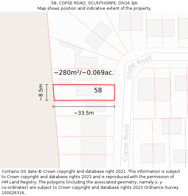 58, COPSE ROAD, SCUNTHORPE, DN16 3JA: Plot and title map