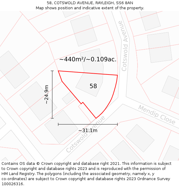 58, COTSWOLD AVENUE, RAYLEIGH, SS6 8AN: Plot and title map