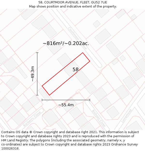 58, COURTMOOR AVENUE, FLEET, GU52 7UE: Plot and title map