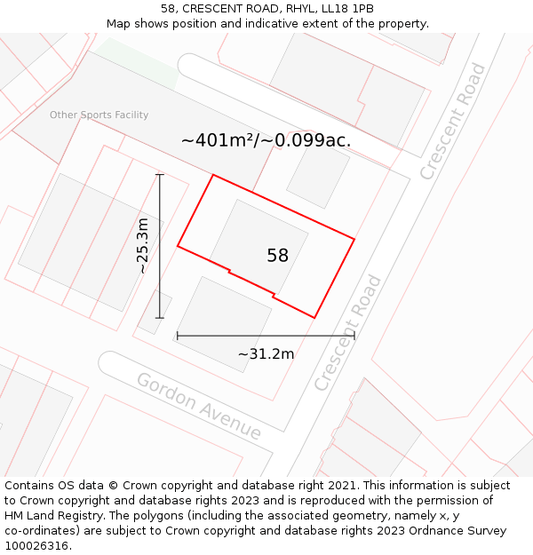 58, CRESCENT ROAD, RHYL, LL18 1PB: Plot and title map