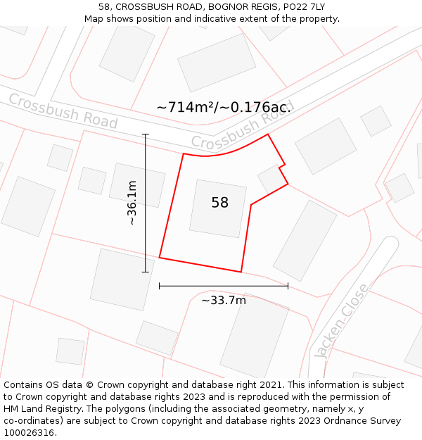 58, CROSSBUSH ROAD, BOGNOR REGIS, PO22 7LY: Plot and title map