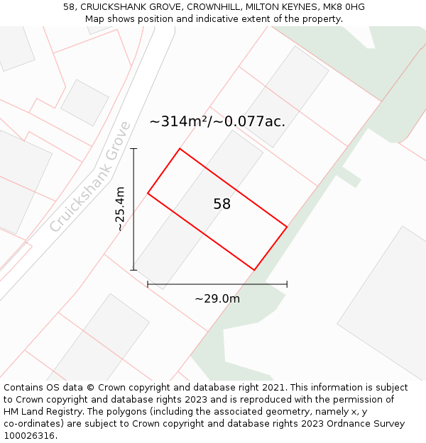 58, CRUICKSHANK GROVE, CROWNHILL, MILTON KEYNES, MK8 0HG: Plot and title map