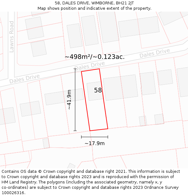 58, DALES DRIVE, WIMBORNE, BH21 2JT: Plot and title map