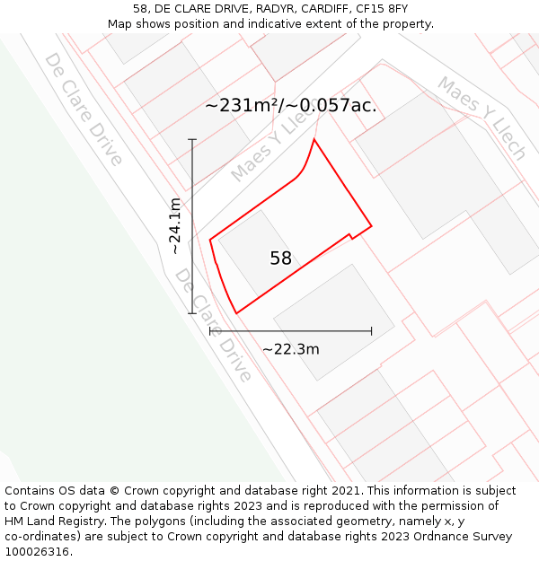 58, DE CLARE DRIVE, RADYR, CARDIFF, CF15 8FY: Plot and title map