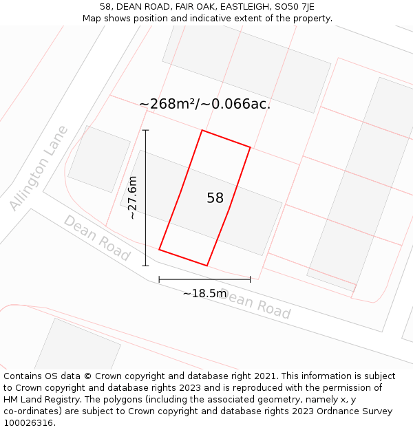 58, DEAN ROAD, FAIR OAK, EASTLEIGH, SO50 7JE: Plot and title map