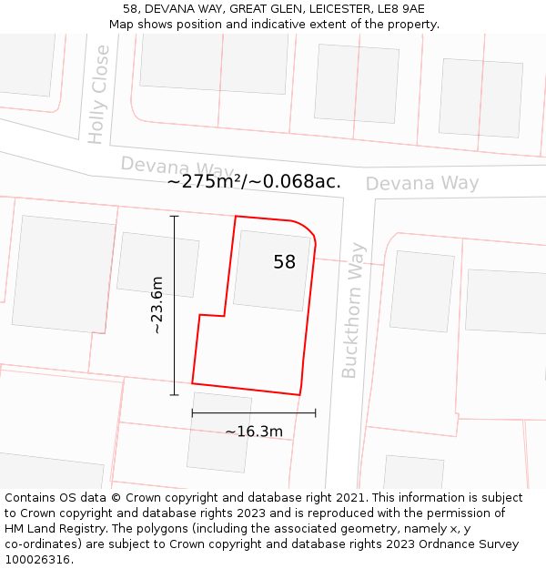 58, DEVANA WAY, GREAT GLEN, LEICESTER, LE8 9AE: Plot and title map